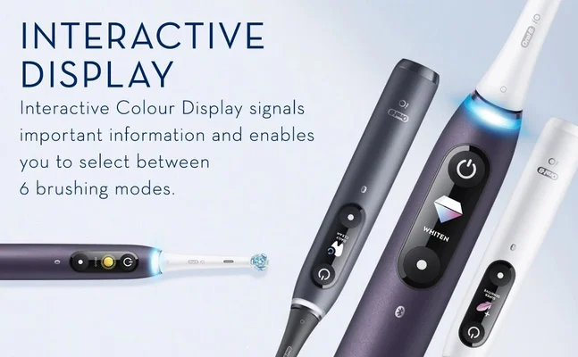INTERACTIVE DISPLAY. Interactive Colour Display signals important information and enables you to select between 6 brushing modes. Oral-B iO DAILY CLEAN.