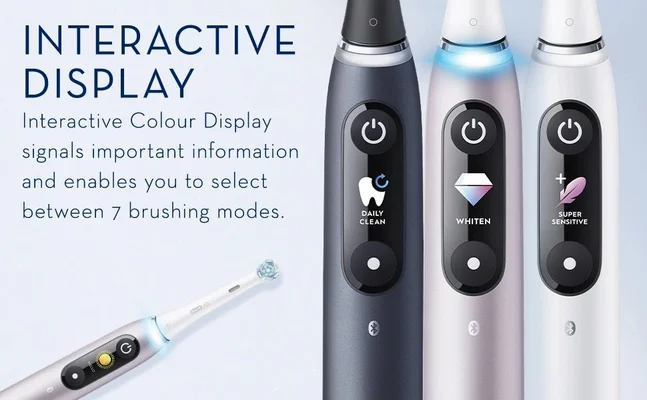 Interactive display. Interactive colour display signals important information and enables you to select between 7 brushing modes.
