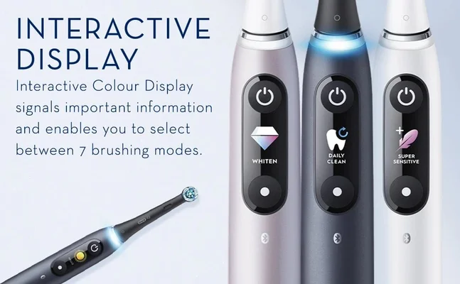 Interactive display. Interactive colour display signals important information and enables you to select between 7 brushing modes.