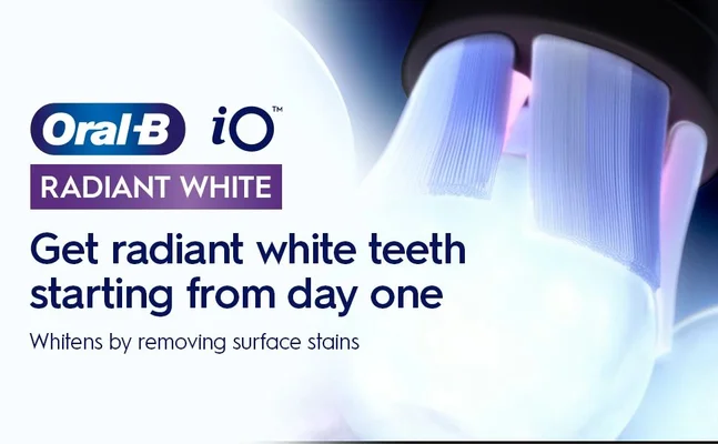 Oral B iO RADIANT WHITE. Get radiant white teeth starting from day one. Whitens by removing surface stains.