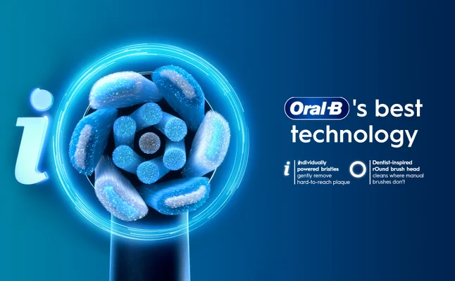 Oral-B's best technology featuring a close-up of an electric toothbrush head with round bristles, surrounded by a glowing blue circle.