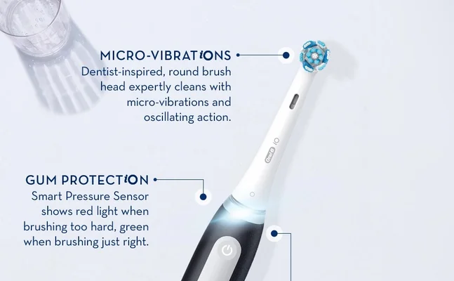 Micro vibrations. Dentist inspired, round brush head expertly cleans with micr-vibrations and oscillating action.Gum protection. Smart pressure sensor shows red light when brushing too hard, green when brushing just right.