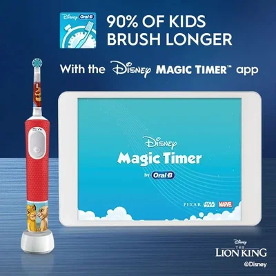 Disney Oral-B 90% OF KIDS BRUSH LONGER With the DISNEY MAGIC TIMER™ app DISNEY Magic Timer Oral-B PIXAR MARVEL Disney THE LION KING ©Disney