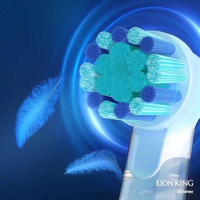 Oral-B toothbrush head featuring blue and teal bristles with soft feathers and glowing light effects.