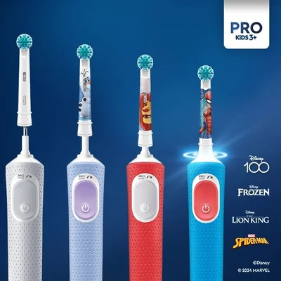Oral-B Pro Kids 3+ electric toothbrushes featuring interchangeable brush heads with Disney Frozen, Lion King, and Spiderman themes.