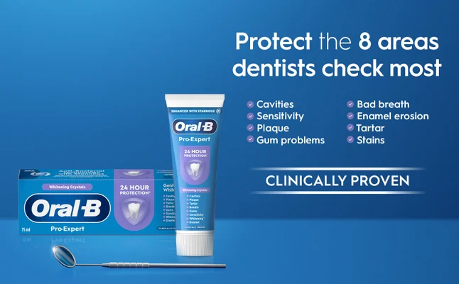 75 ml 12W -Bacterial Protect the 8 areas dentists check most Cavities ENHANCED WITH STANNOUS (→) Oral-B Pro-Expert 24 HOUR PROTECTION ▸ Sensitivity Plaque Gum problems Whitening Crystals Oral-B Pro-Expert blo-Exbell 24 HOUR Gent White Whitening Crystals PROTECTION Cavitie ✓ Cavities Plaque Tartar Plaque Tartar Breath ✓ Breath Gums Sensiti ✓ Sensitivity Whiten Ename CLINICALLY Whitening Enamel CLINICALLY PROVEN СГІНІСУГГА Ы EU9W6 Bad breath • Enamel erosion Tartar • Stains CLINICALLY PROVEN