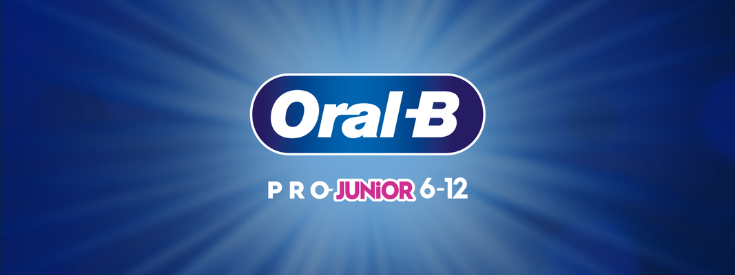 Oral-B logo and product name Pro Junior 6-12 on blue background with sheen effect.