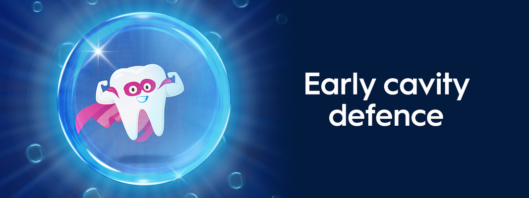 Smiling, illustrated tooth with cape inside bubble to show the toothpaste early cavity defense.