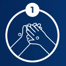 Oral-B hand washing guide, step one, showing hands rubbing together to create a lather.