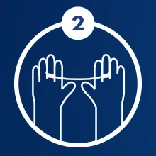 Oral-B floss instruction step two, showing hands holding floss taut.