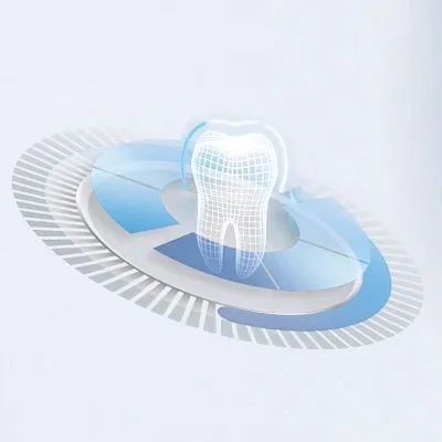 Oral-B technology illustration showing a wireframe tooth surrounded by blue and white concentric circles.
