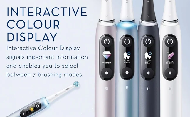 Interactive colour display. Interactive colour display signals important information and enables you to select between 7 brushing modes.