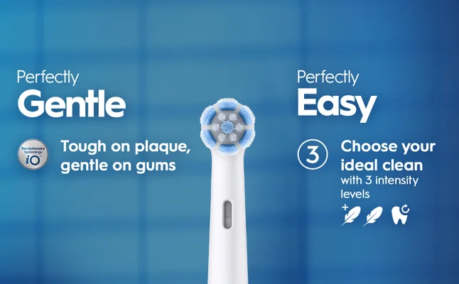 An electric toothbrush head is prominently displayed against a blue background, featuring text that reads Perfectly Gentle, Perfectly Easy, Tough on plaque, gentle on gums, and Choose your ideal clean with 3 intensity levels.