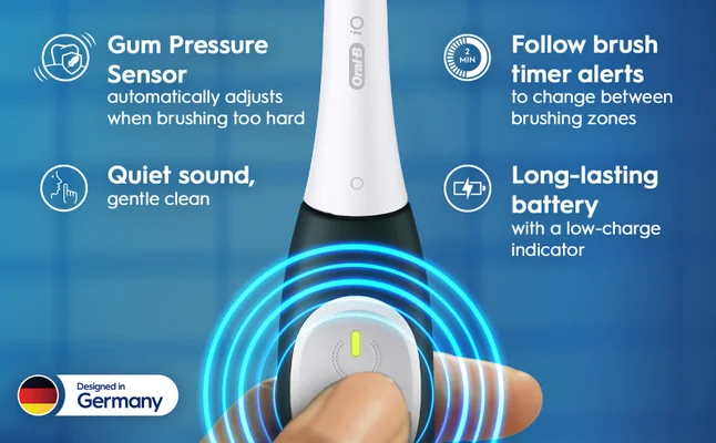 An image of an Oral-B electric toothbrush with highlights on features including a gum pressure sensor, quiet operation, a timer for brushing zones, and a long-lasting battery with a low-charge indicator, along with a logo indicating it was designed in Germany.