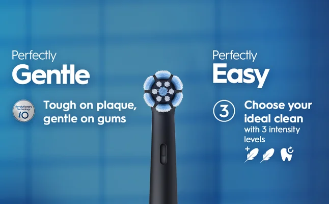 An electric toothbrush head is prominently displayed against a blue background, featuring text that reads Perfectly Gentle, Perfectly Easy, Tough on plaque, gentle on gums, and Choose your ideal clean with 3 intensity levels.