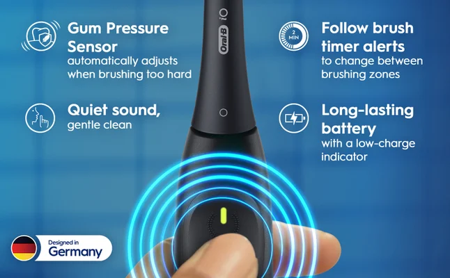 An image of an Oral-B electric toothbrush with highlights on features including a gum pressure sensor, quiet operation, a timer for brushing zones, and a long-lasting battery with a low-charge indicator, along with a logo indicating it was designed in Germany.