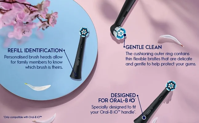 Refill identification. Personalised brush heads allow for family members to know which brush it theirs. Gentle Clean. The cushioning outer ring contains thin flexible bristles that are delicate and gentle to help protect your gums. Designed for oral-B iO. Specially designed to fit your oral-b iO handle.