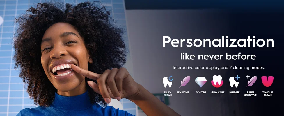 A smiling woman points at her teeth next to text and icons reading Personalization like never before Interactive color display and 7 cleaning modes Daily Clean Sensitive Whiten Gum Care Intense Super Sensitive Tongue Clean.