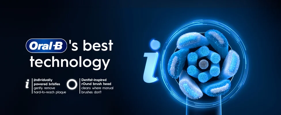 A high-tech illustration of an Oral-B brush head with glowing blue bristles is shown alongside text that reads Oral-Bs best technology, individually powered bristles gently remove hard-to-reach plaque, Dentist-inspired rOund brush head cleans where manual brushes dont.