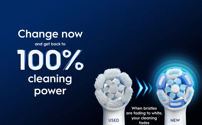 Used and new Oral-B brush heads side by side to show when it's time to change.