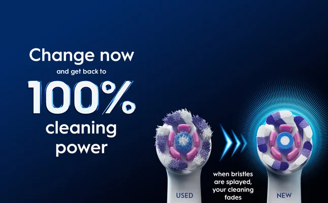 Used and new Oral-B brush heads side by side to show when it's time to change.