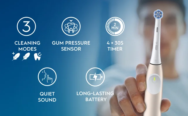 Oral-B iO2 electric toothbrush, highlighting its ability to provide 100% cleaner teeth compared to a regular manual toothbrush.