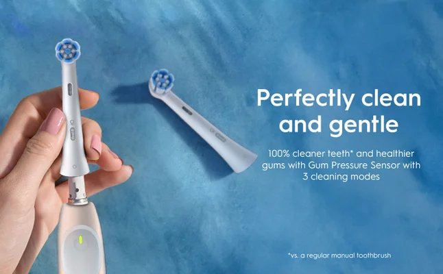Oral-B iO2 electric toothbrush, highlighting its ability to provide 100% cleaner teeth compared to a regular manual toothbrush.