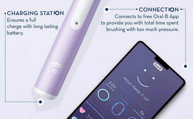 CHARGING STATION Ensures a full charge with long-lasting battery. CONNECTION Connects to free Oral-B App to provide you with total time spent brushing with too much pressure. Oral-B Wow! Keep it up! 2:00 5s Brush Time Coverage Too Much Pres Oral-B iO Add Your Additional Routine Tone 4000.