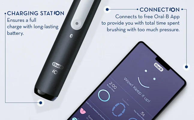 CHARGING STATION Ensures a full charge with long-lasting battery. CONNECTION Connects to free Oral-B App to provide you with total time spent brushing with too much pressure. Oral-B Wow! Keep it up! 2:00 5s Brush Time Coverage Too Much Pres Oral-B iO Add Your Additional Routine Tone 4000.
