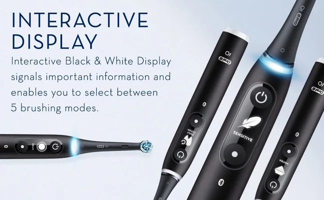 An electric toothbrush with an interactive black and white display, showing options for five brushing modes, with text that reads Interactive Display and Interactive Black & White Display signals important information and enables you to select between 5 brushing modes.
