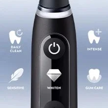 An electric toothbrush with a sleek black design featuring buttons for different settings: Daily Clean, Intense, Sensitive, Whiten, and Gum Care