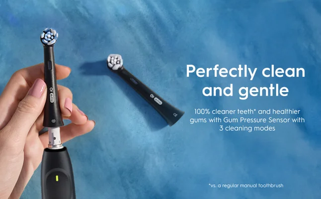 Oral-B iO2 electric toothbrush, highlighting its ability to provide 100% cleaner teeth compared to a regular manual toothbrush.