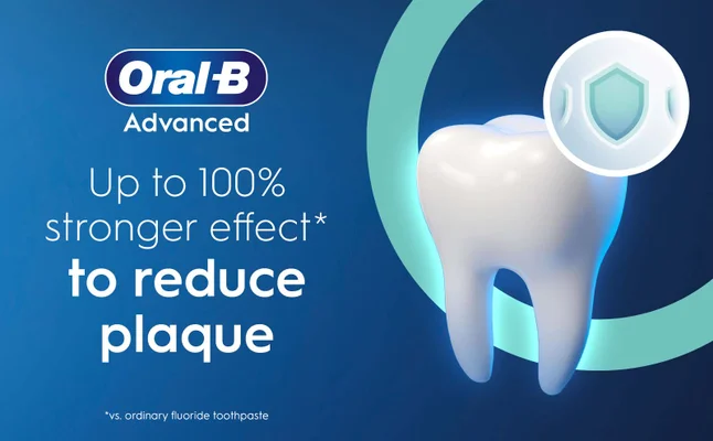 An animated image of a shiny white tooth with a blue background, featuring the Oral-B logo at the top and text that states Up to 100% stronger effect* to reduce plaque along with a small shield icon.