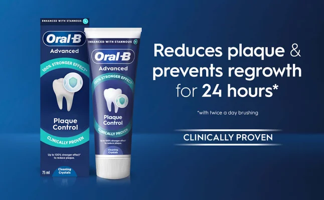 Image shows a tube and box of Oral-B Advanced Plaque Control toothpaste on a blue background, with text stating reduces plaque & prevents regrowth for 24 hours, alongside *with twice a day brushing and the phrase clinically proven.