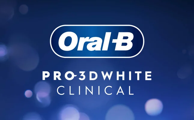 Image of a logo with a blue background featuring the text Oral-B above the words PRO-3DWHITE CLINICAL.