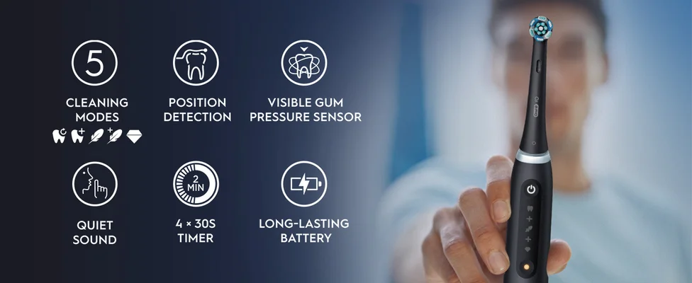 Electric toothbrush with icons for cleaning modes, position detection & pressure sensor