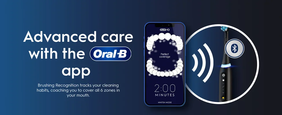 Oral-B app visible on phone, connected to a smart toothbrush to track brushing coverage across all mouth zones