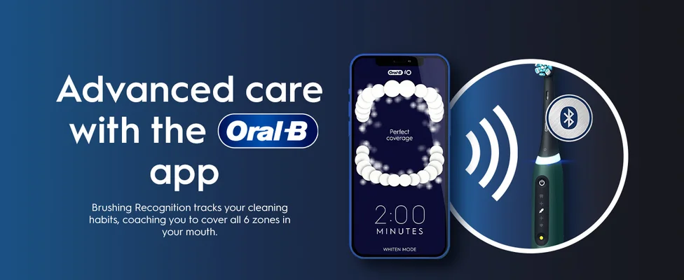 Oral-B app visible on phone, connected to a smart toothbrush to track brushing coverage across all mouth zones.