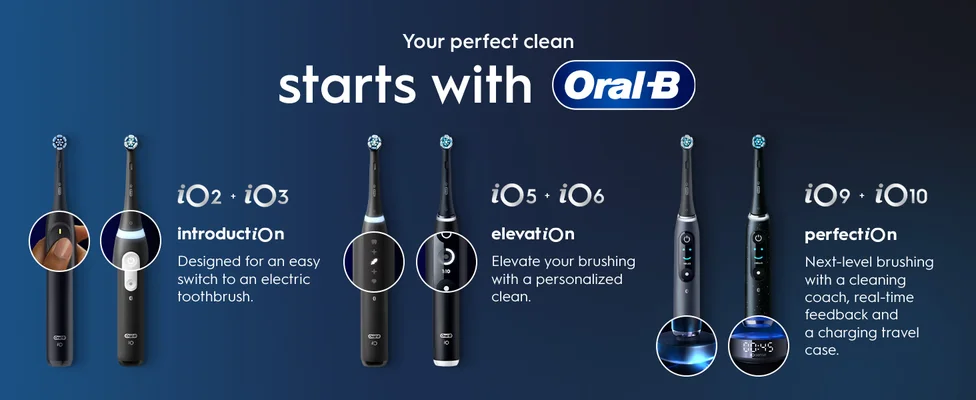 Oral-B electric toothbrush lineup featuring iO2-iO10 models with different features and benefits.