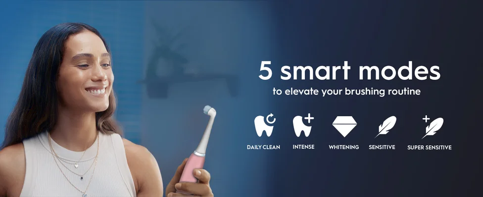 A smiling woman holds a pink electric toothbrush next to text 5 smart modes to elevate your brushing routine followed by icons and the text Daily Clean Intense Whitening Sensitive Super Sensitive.