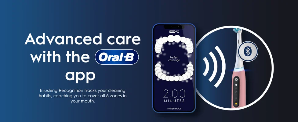A smartphone displaying the Oral-B app showing perfect coverage of teeth and a timer, next to a pink Oral-B toothbrush, against a dark blue background with the text Advanced care with the Oral-B app Brushing Recognition tracks your cleaning habits, coaching you to cover all 6 zones in your mouth Oral-B iO Perfect coverage 2:00 MINUTES WHITEN MODE.