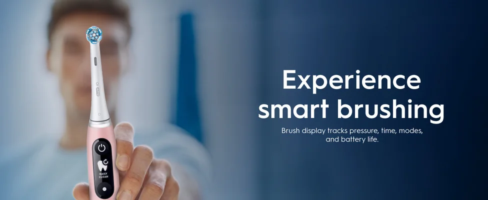 A black smart toothbrush with a display that tracks brushing pressure, time, modes, and battery life