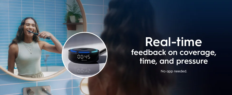 Woman brushing her teeth next to close-up of smart toothbrush device providing real-time brushing feedback.