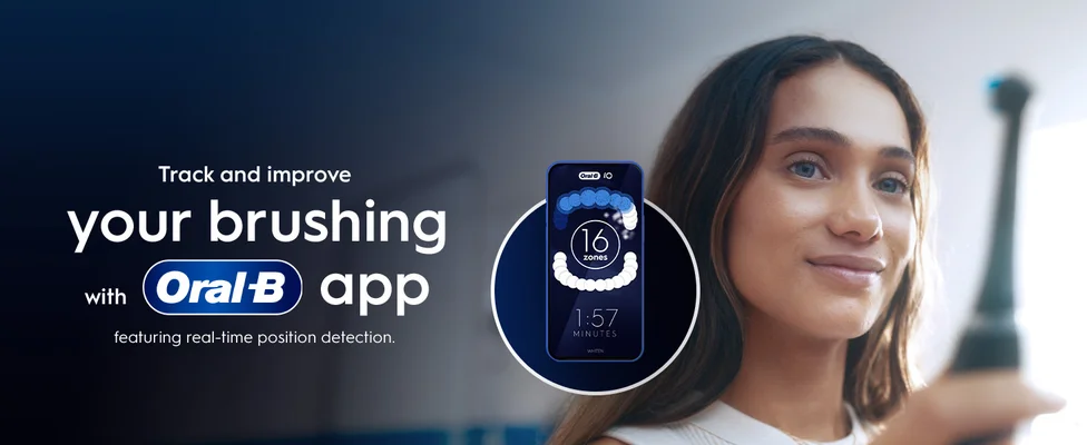 Oral-B app promotional image showing smartphone tracking brushing time with position detection.