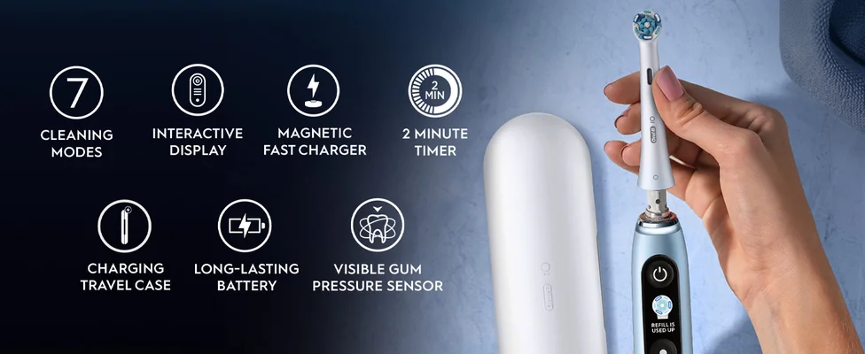 An Oral-B iO toothbrush is held next to its travel case while features are listed including 7 CLEANING MODES, INTERACTIVE DISPLAY, MAGNETIC FAST CHARGER, 2 MINUTE TIMER, CHARGING TRAVEL CASE, LONG-LASTING BATTERY, VISIBLE GUM PRESSURE SENSOR, and the toothbrush display shows REFILL IS USED UP and the case shows Oral-B iO.