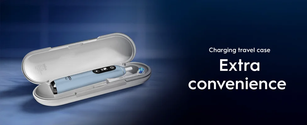 An electric toothbrush inside an open charging travel case with the text Charging travel case Extra convenience.
