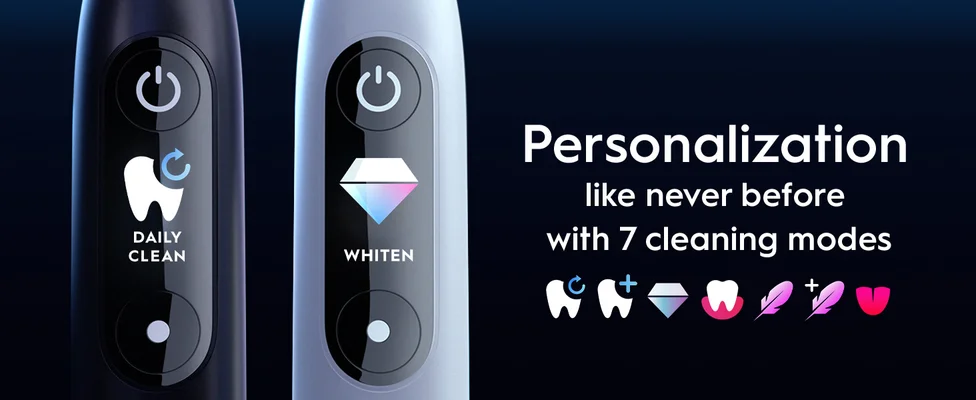 Close up of two electric toothbrushes, one showing DAILY CLEAN mode and one showing WHITEN mode, displayed next to the text Personalization like never before with 7 cleaning modes and icons representing cleaning modes.