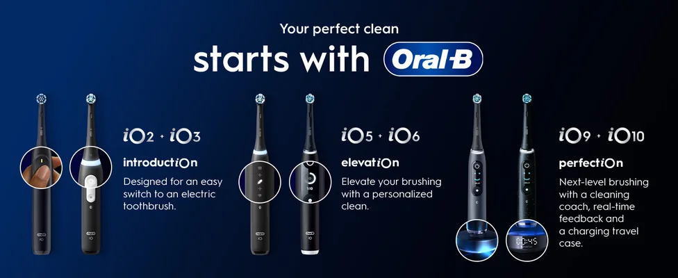 Your perfect clean starts with Oral-B, showing three pairs of Oral-B iO electric toothbrushes from iO2 + iO3 introductiOn Designed for an easy switch to an electric toothbrush to iO5 + iO6 elevatiOn Elevate your brushing with a personalized clean and iO9 + iO10 perfectiOn Next-level brushing with a cleaning coach, real-time feedback and a charging travel case.