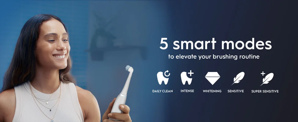 A woman smiles and holds an electric toothbrush, next to text listing brushing modes: 5 smart modes to elevate your brushing routine DAILY CLEAN INTENSE WHITENING SENSITIVE SUPER SENSITIVE.