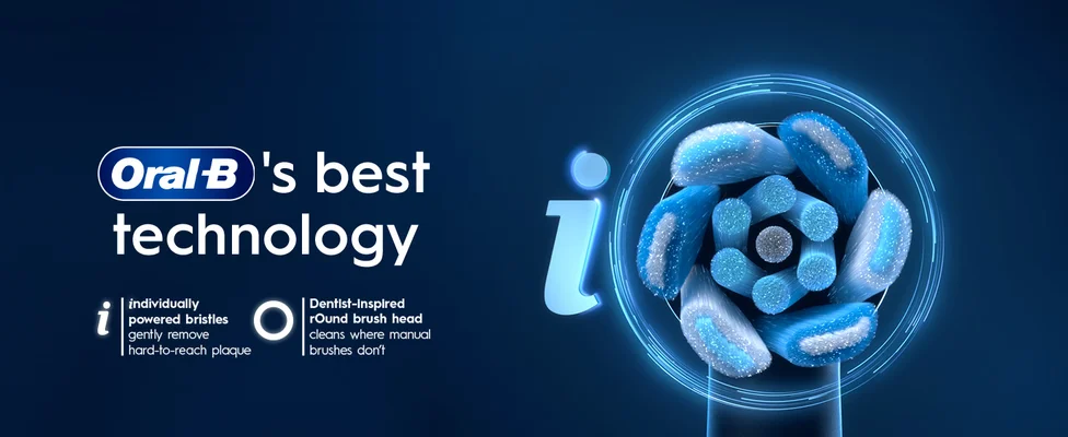 An Oral-B toothbrush head with blue bristles is shown next to the text Oral-B s best technology with smaller text below stating i individually powered bristles gently remove hard-to-reach plaque and O Dentist-Inspired rOund brush head cleans where manual brushes dont.